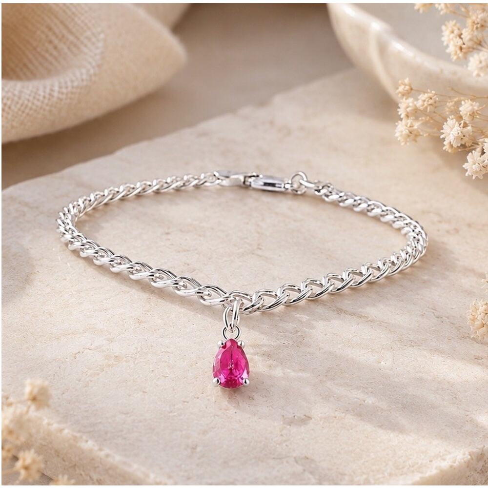 925 Sterling Silver Pink Sapphire Bracelet Italy Pear Charm Dangle Link Bracelet